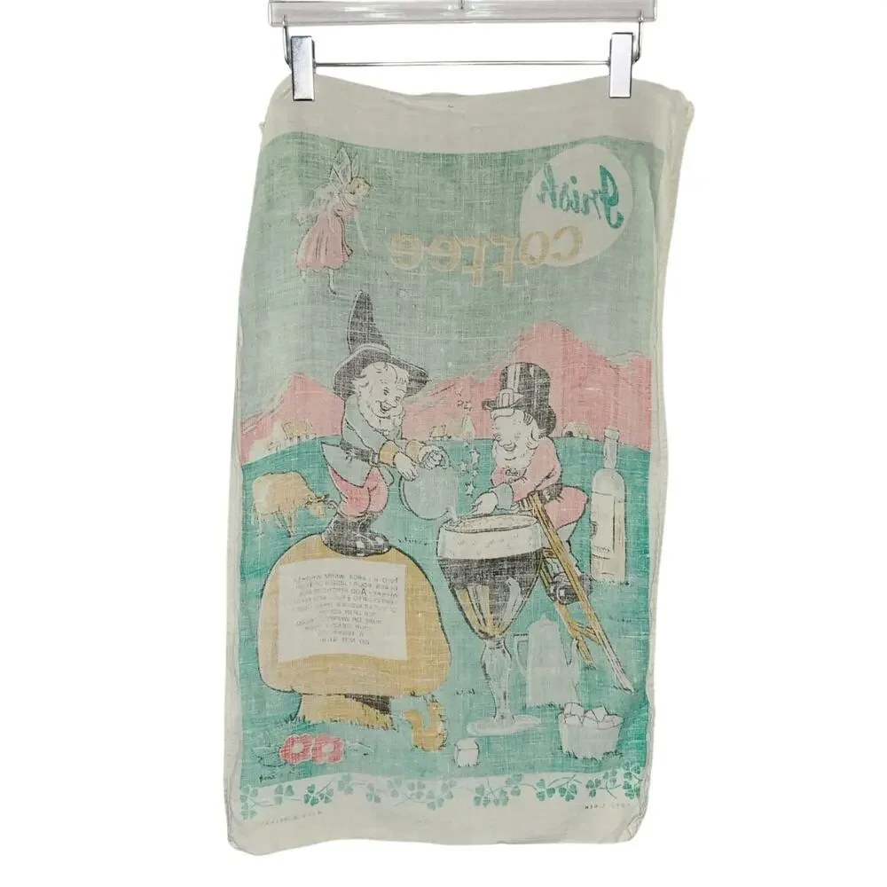 Vintage Irish Linen Tea Towel Irish Coffee Leprechauns Fairy Made in Ireland